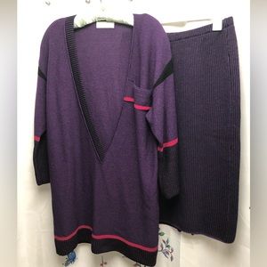 Steve Fabrikant sweater/skirt set.  Deep purple with black/red accents.  Size M